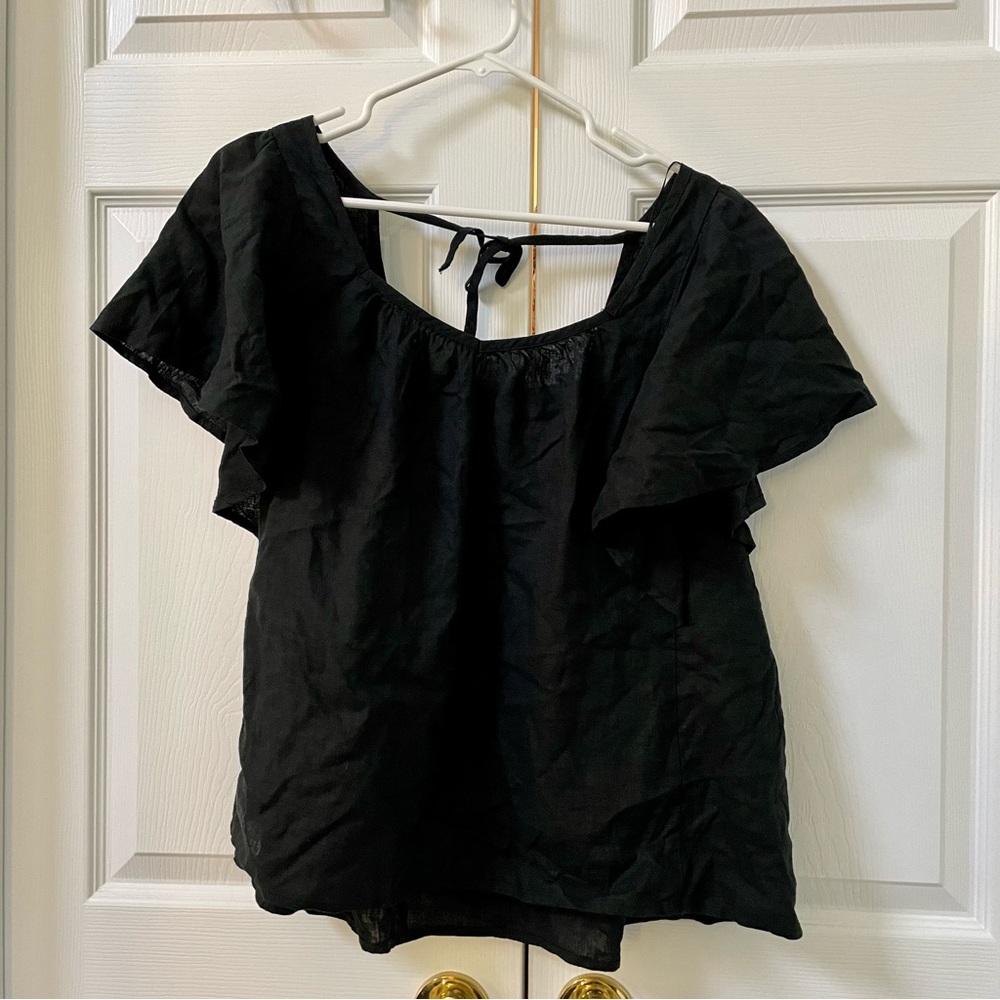 Old Navy Black Linen-Blend Tie-Back Flutter-Sleeve Top NWT